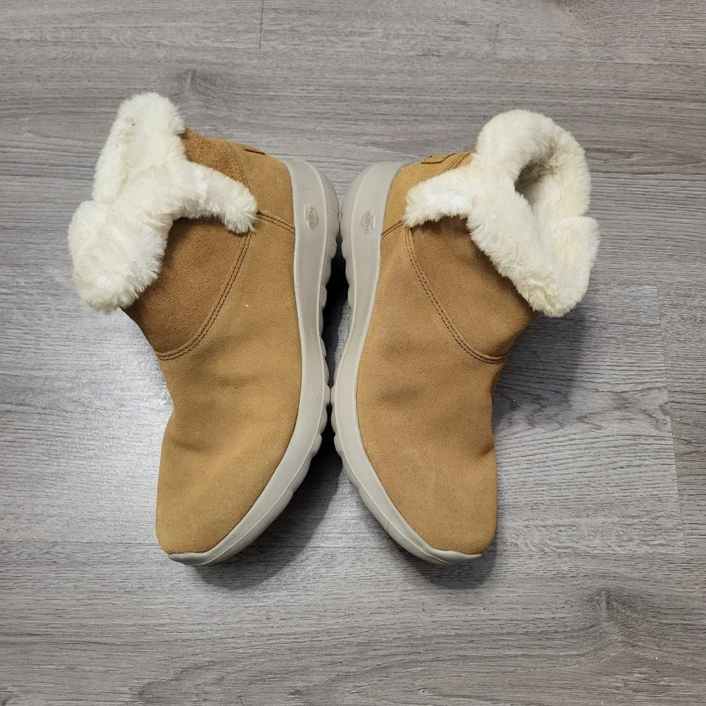 Skechers On the Go Joy Bundle Up Chestnut Suede Faux Fur Ankle Boots Womens 8.5
